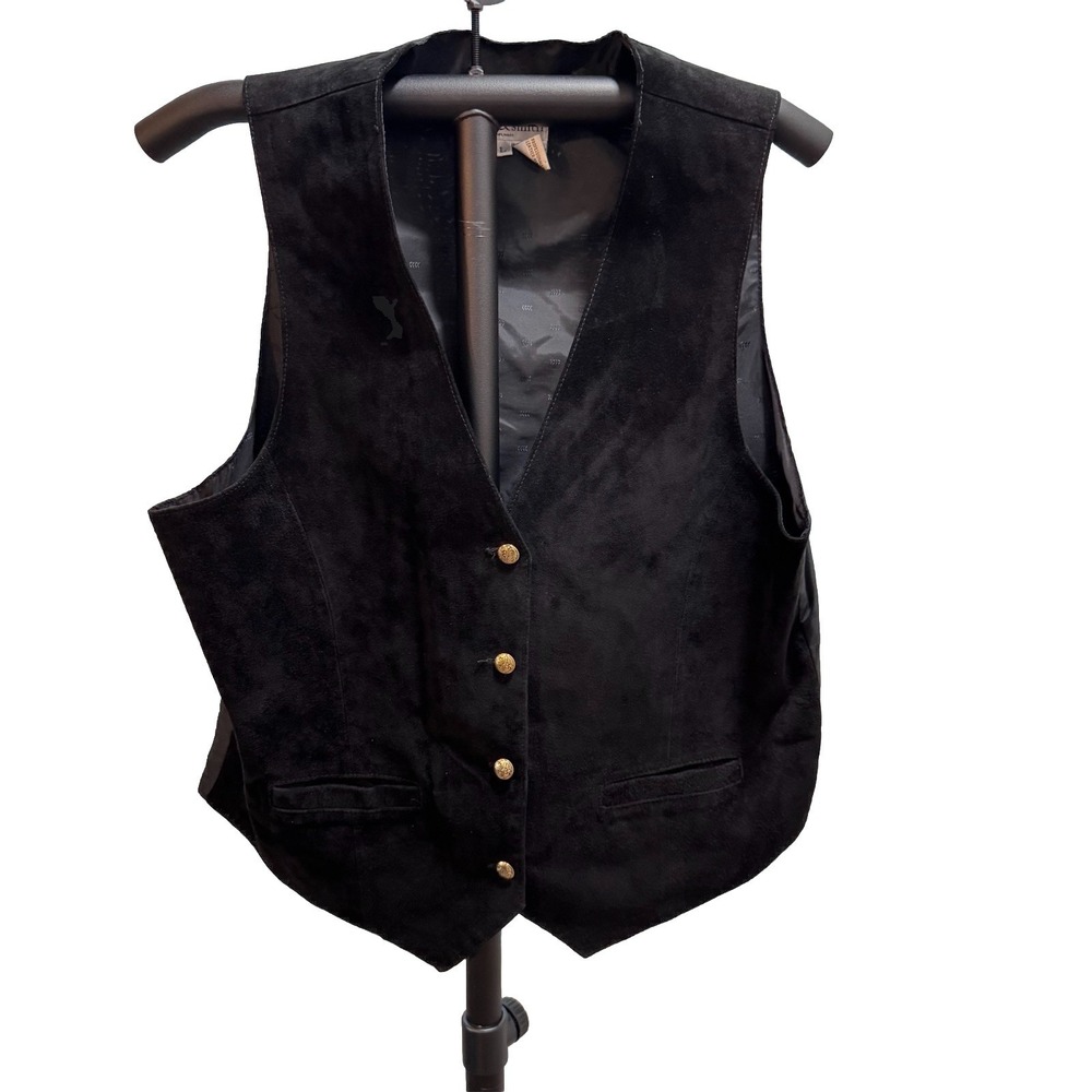 Vtg Hastings & Smith Pig Suede Black Vest Gold Buttons Sz L